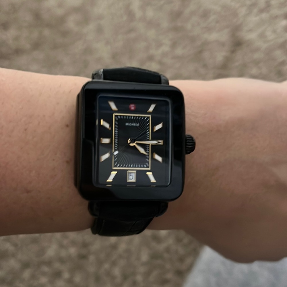 Michele Deco Sport Black Leather Watch